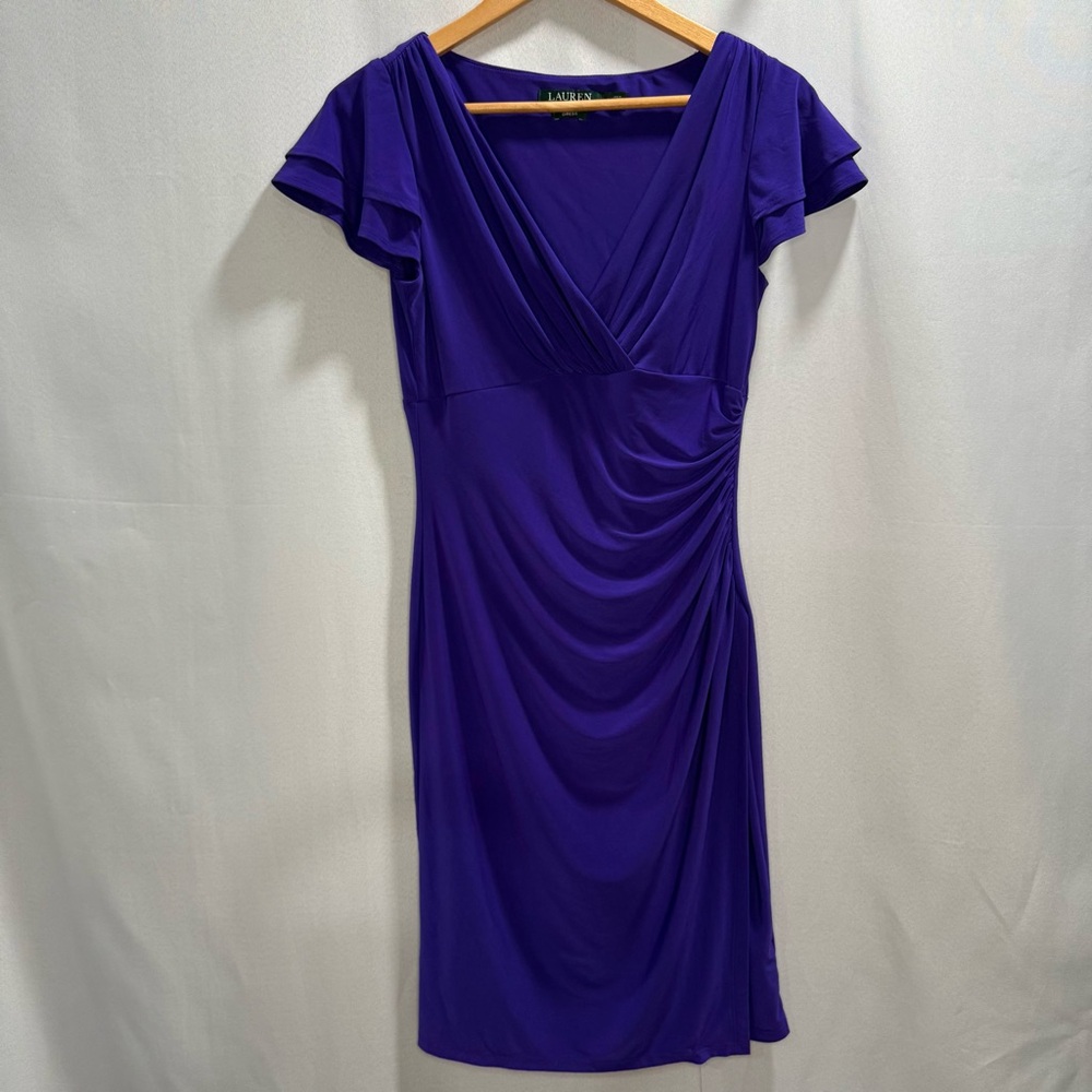Lauren Ralph Lauren Purple Ruched Flutter Sleeve Dress Women’s Size 8 - Picture 1 of 7